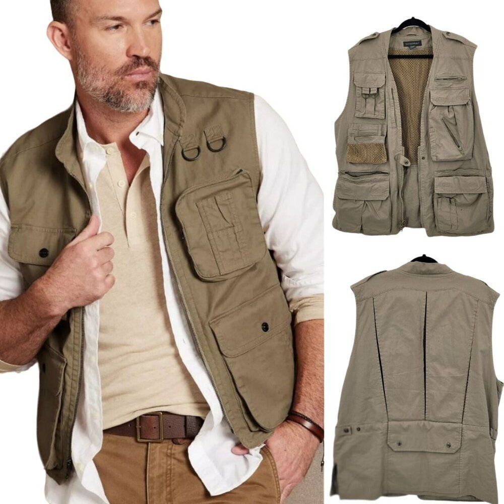 Banana Republic Survival Vest L Khaki Utility Multi-Pocket‎ Outdoor Safari